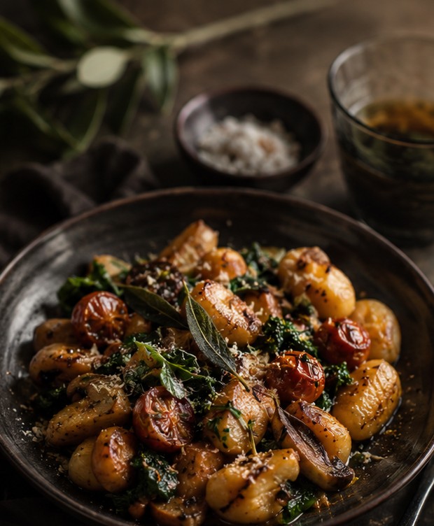 A warmly lit plate of pan-seared gnocchi with cherry tomatoes and kale