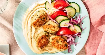 Gluten-Free Dairy-Free Chicken koftas with hummus & salad — Mediterranean recipe
