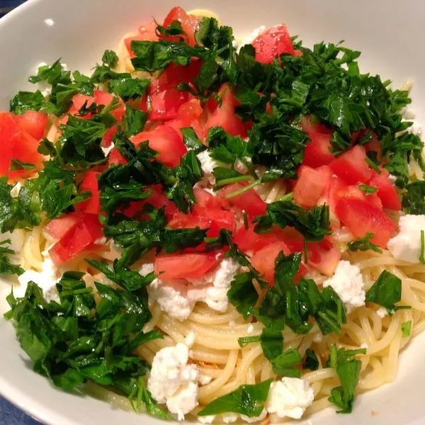 Vegetarian Nut-Free Mediterranean "Salad Pasta" (not to be confused with "Pasta Salad") — Mediterranean recipe