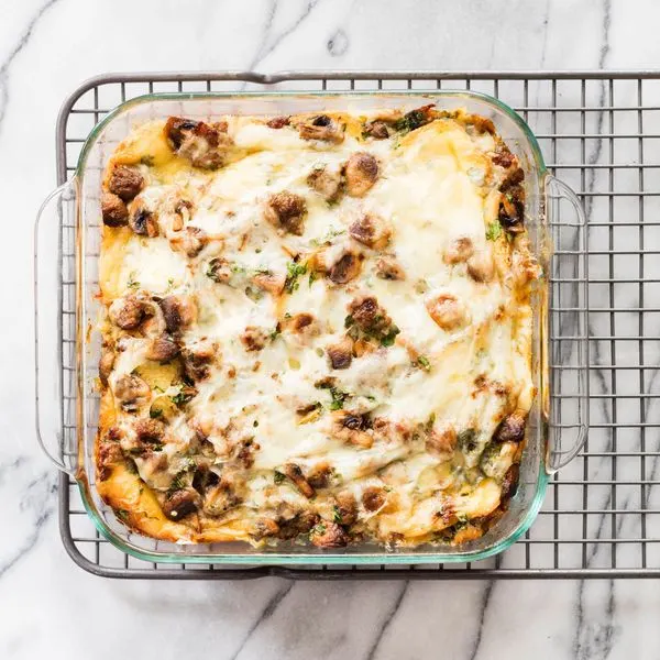 Nut-Free Breakfast Strata with Sausage, Mushrooms, and Monterey Jack — American recipe