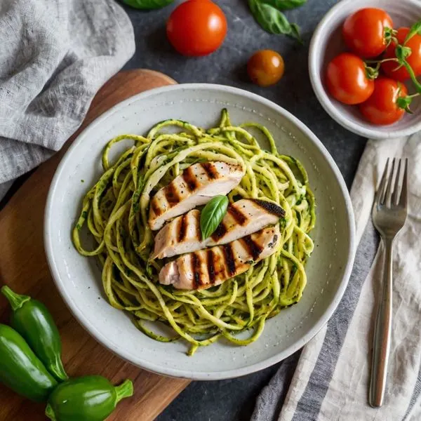 Gluten-Free Nut-Free Zucchini Noodles with Pesto and Grilled Chicken — Asian recipe