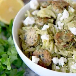 Nut-Free Shellfish-Free Sausage, Feta, and Almond-Parsley Pesto Pasta — Mediterranean recipe