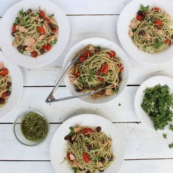 Nut-Free Shellfish-Free Fresh City Mediterranean Salmon Spaghetti — Mediterranean recipe