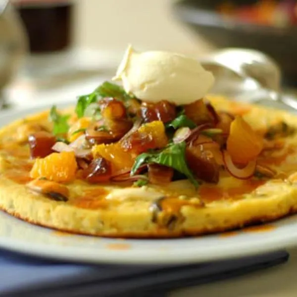 Gluten-Free Nut-Free Seafood Socca With Date-Orange Salad, Spiced Honey Sauce, And Creme Fraiche — French recipe