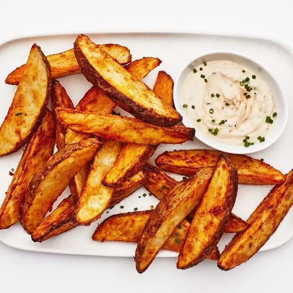 Nut-Free Shellfish-Free Air Fryer Spiced Potato Wedge Fries With Yogurt-Tahini Sauce — Mediterranean recipe