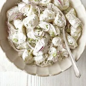 Vegetarian Gluten-Free Creamy potato salad with broad beans — American recipe