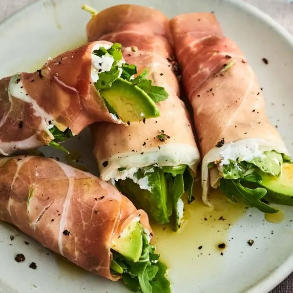 Gluten-Free Keto Prosciutto-Wrapped Avocado with Goat Cheese and Arugula — Italian recipe