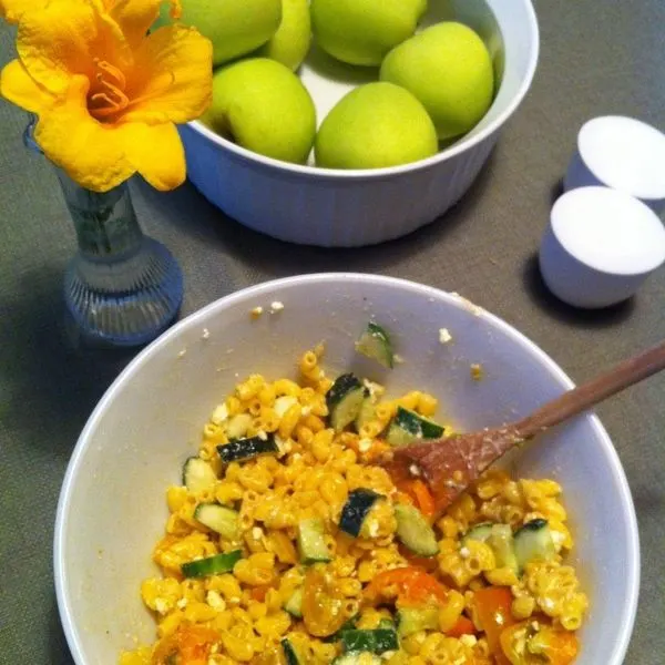 Vegetarian Gluten-Free Summer Pasta Salad with Cucumber, Tomato, and Feta (Gluten Free) — Greek recipe