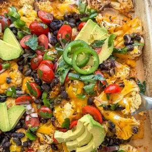 Vegetarian Gluten-Free Cheesy Low(er) Carb Cauliflower Nachos Recipe — American recipe