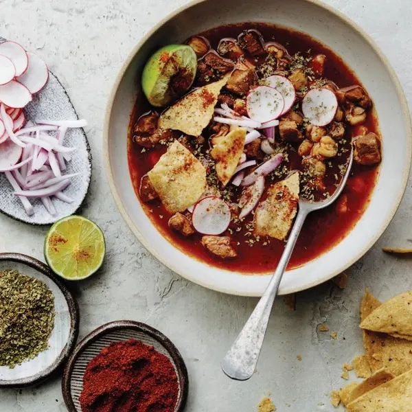 Vegan Vegetarian Mexican Red Pork Soup with Hominy (Pozole Rojo) — Mexican recipe