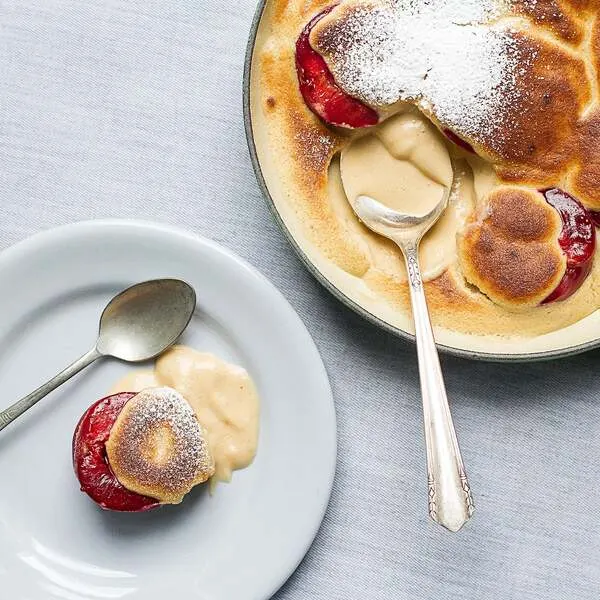 Vegetarian Gluten-Free Brûléed Italian Plums with Armagnac Custard — Italian recipe