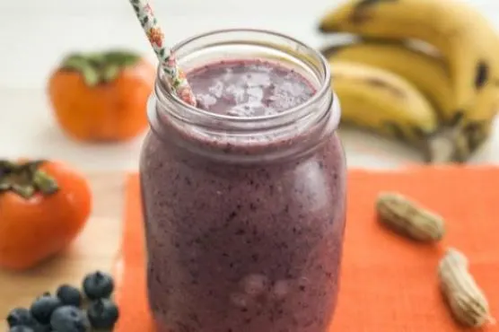 Vegan Vegetarian Blueberry, Persimmon Smoothie with Banana and Peanut Butter