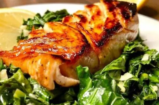 Gluten-Free Dairy-Free Pan-Seared Honey Glazed Salmon with Collard Greens — Southern recipe