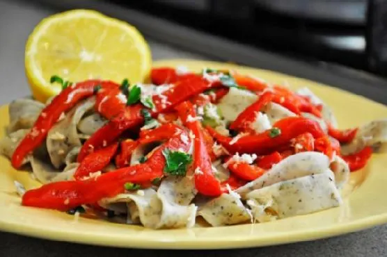 Vegan Vegetarian Basil Tagliatelle with Roasted Red Bell Pepper Salad