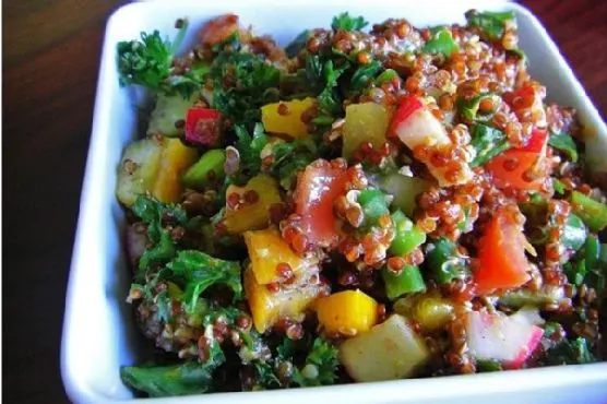Vegan Vegetarian Colorful Red Quinoa Not So Tabbouleh Salad — Middle Eastern recipe