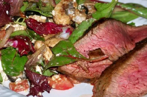 Keto Paleo Flank Steak With Garlicky Mediterranean Salad