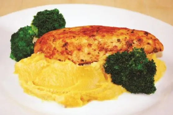 Gluten-Free Nut-Free Herb chicken with sweet potato mash and sautéed broccoli