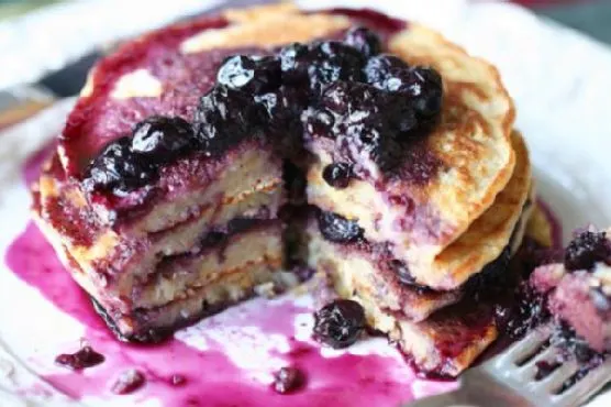Vegetarian Nut-Free Lemon Scented Polenta Pancakes with Blueberry Thyme Syrup
