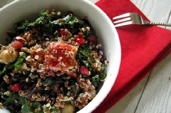 Vegetarian Dairy-Free Red Quinoa, Kale, Blood Orange and Pom Salad With Meyer Lemon Vinaigrette