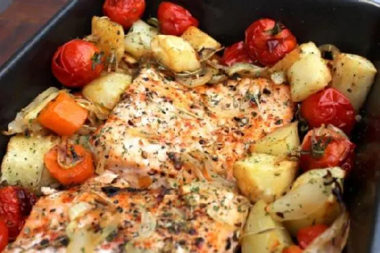 Gluten-Free Dairy-Free Salmon with roasted vegetables