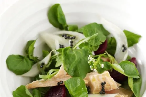 Gluten-Free Dairy-Free Salmon, Watercress, Fennel and Baby Beetroot Salad With Lemony "Caviar" Dressing