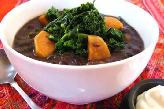 Vegetarian Gluten-Free Smoky Black Bean Soup With Sweet Potato & Kale