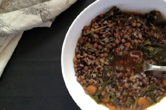 Vegan Vegetarian Spicy lentil and black rice soup with kale, spinach and leek