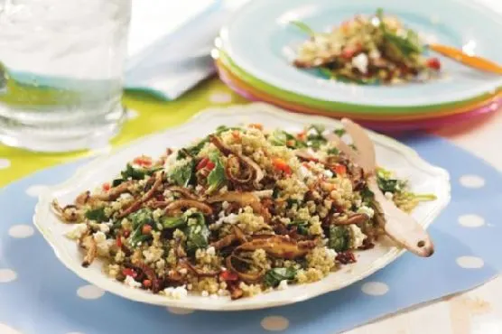 Vegetarian Gluten-Free Warm Quinoa Spinach and Shiitake Salad