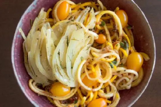 Vegan Vegetarian Yellow Squash Noodles with Tomato Basil Sauce
