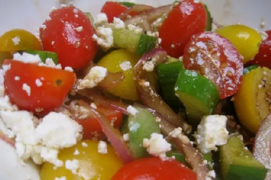 Vegetarian Gluten-Free Tomato, Cucumber & Onion Salad with Feta Cheese: Real Convenience Food
