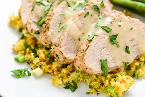 Nut-Free Shellfish-Free Roasted Lemon Pepper Pork Tenderloin with Cornbread Stuffing — Southern recipe
