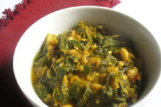 Vegan Vegetarian Spicy Black-Eyed Pea Curry with Swiss Chard and Roasted Eggplant — Indian recipe