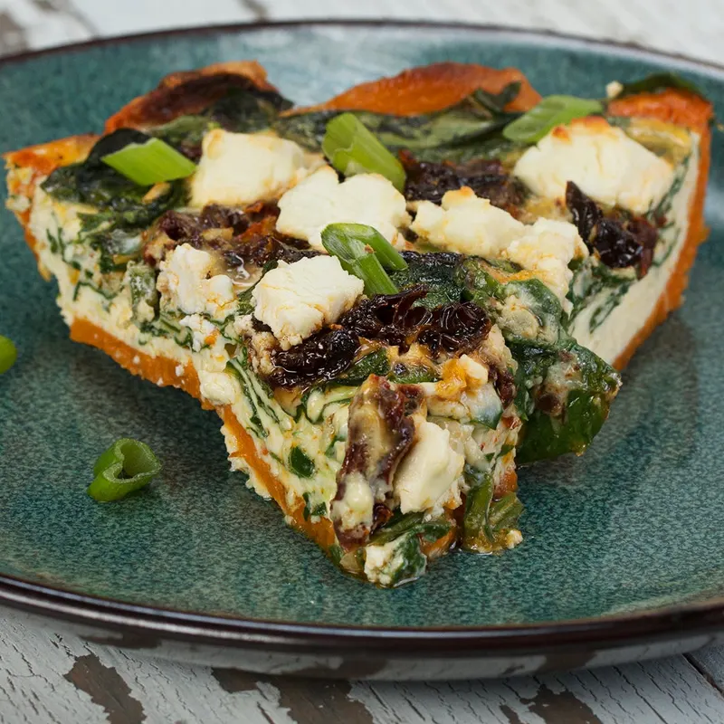 Vegetarian Gluten-Free Spinach & Sun-Dried Tomato Sweet Potato-Crusted Quiche