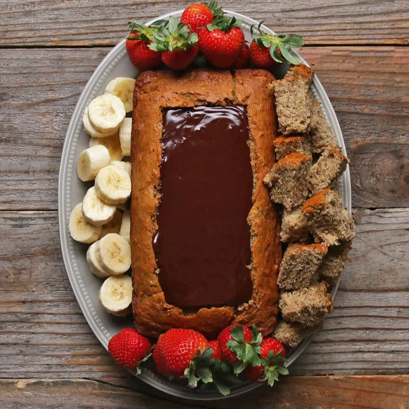 Vegetarian Nut-Free Chocolate Fondue Banana Bread Boat