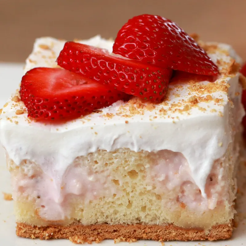 Nut-Free Egg-Free Strawberry Cheesecake Poke Cake