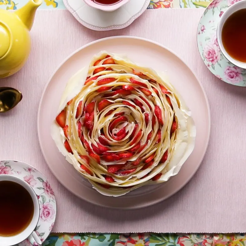 Vegetarian Nut-Free Strawberry Rose Crepe Cake