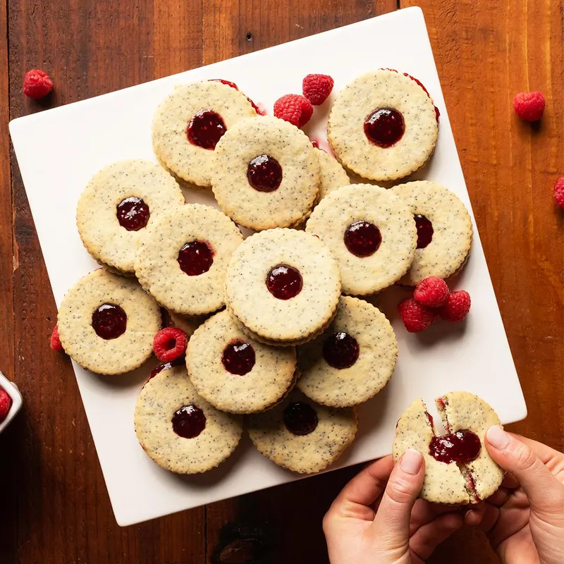 Vegetarian Shellfish-Free Raspberry Poppyseed Linzer Cookies