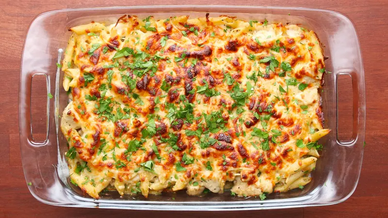 Nut-Free Shellfish-Free Cheesy Chicken Alfredo Pasta Bake
