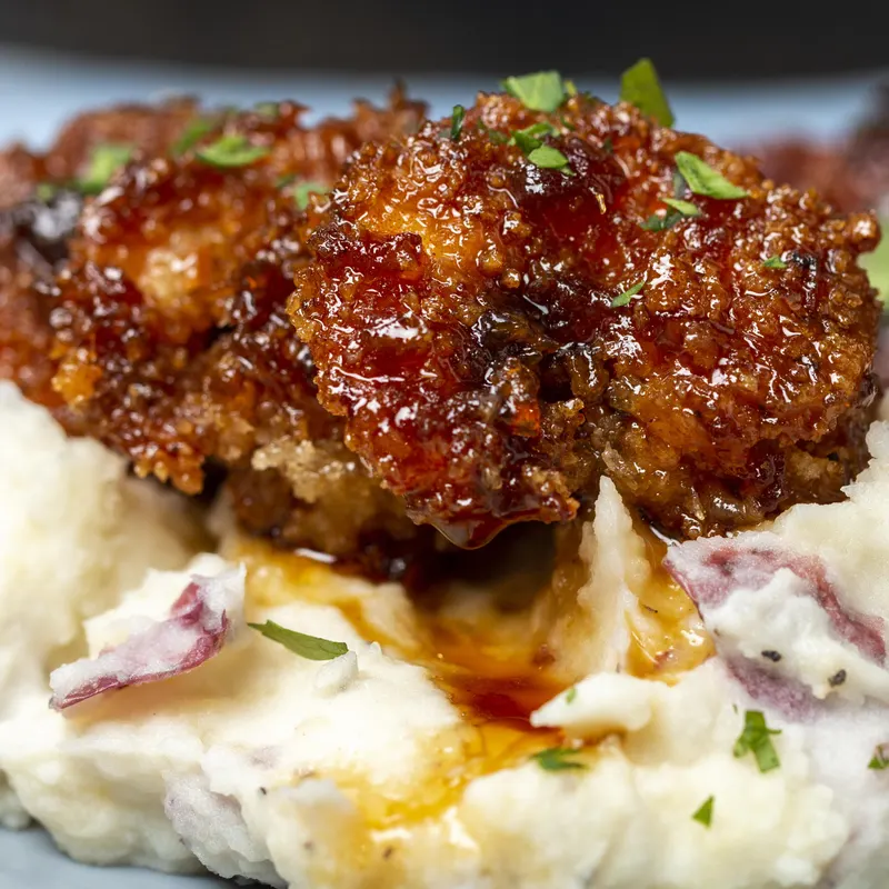 Nut-Free Sesame-Free Whiskey-Glazed Chicken And Shrimp With Garlic Mashed Potatoes