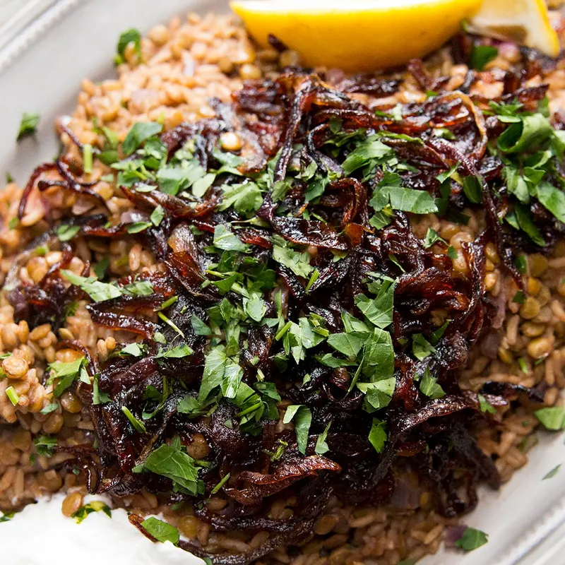 Vegetarian Gluten-Free Lentils and Rice With Caramelized Onions