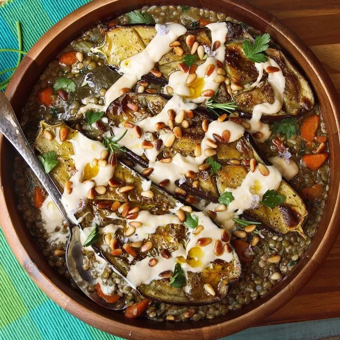 Vegetarian Gluten-Free Roasted Eggplant With Tahini, Pine Nuts, and Lentils — United States recipe