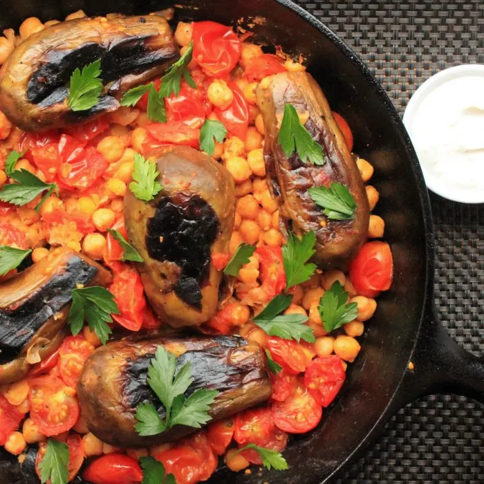 Vegetarian Gluten-Free Stovetop Eggplant With Harissa, Chickpeas, and Cumin Yogurt — United States recipe
