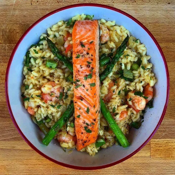 Gluten-Free Nut-Free Salmon Prawn Risotto — Italian recipe