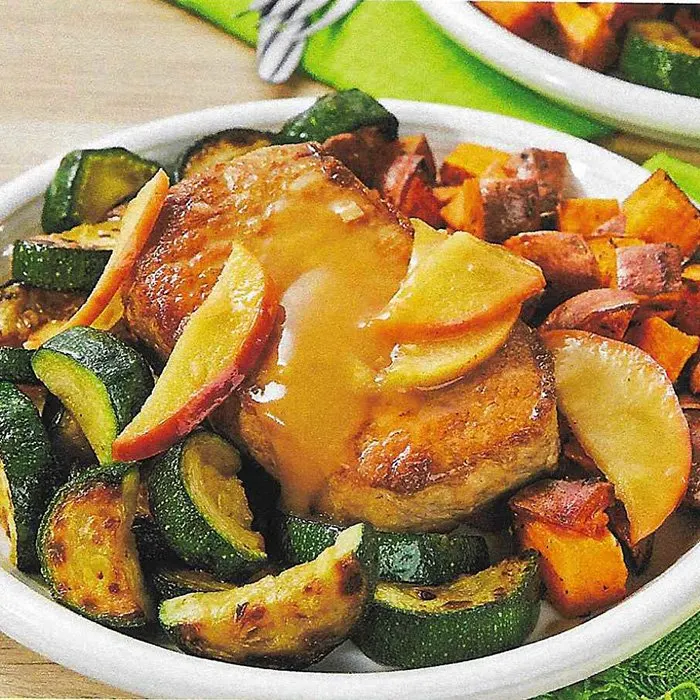 Gluten-Free Nut-Free Skillet Apple Pork Chops with Roasted Sweet Potatoes & Zucchini — United States recipe