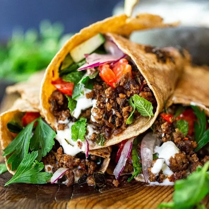 Dairy-Free Nut-Free Hot cumin lamb wrap with crunchy slaw & spicy mayo — Turkish recipe