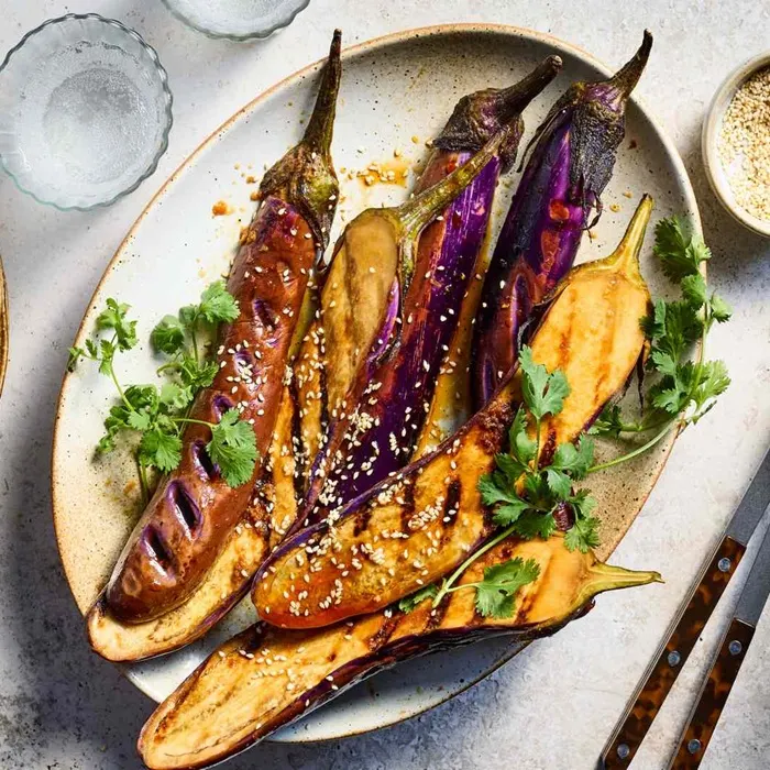 Vegetarian Gluten-Free Griddled eggplants with sesame dressing — Turkish recipe